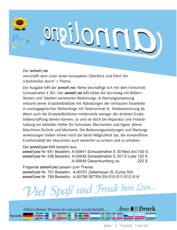 Fortschritt Landmaschinen Schwadmäher Typ E 301 Bild Bedienungsanleitung & Bild- Ersatzteilliste & (Explosionszeichnungen) - annoligno 649